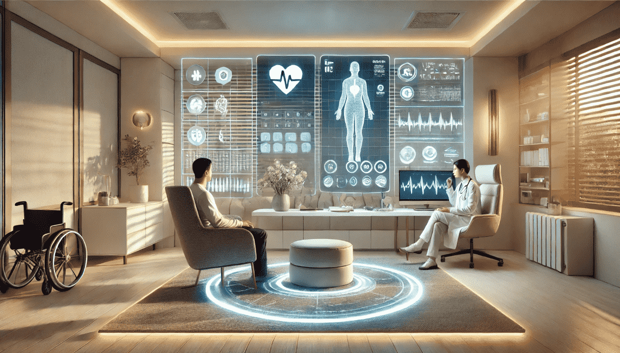 Image of doctor and patient in the near future looking at video wall with patient's vital signs. Picture is symbolizing the future of telemedicine.