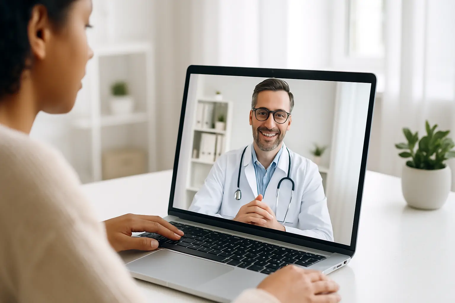 Woman having an online video consultation with a smiling male doctor on her laptop, in a bright home setting with indoor plants in the background.