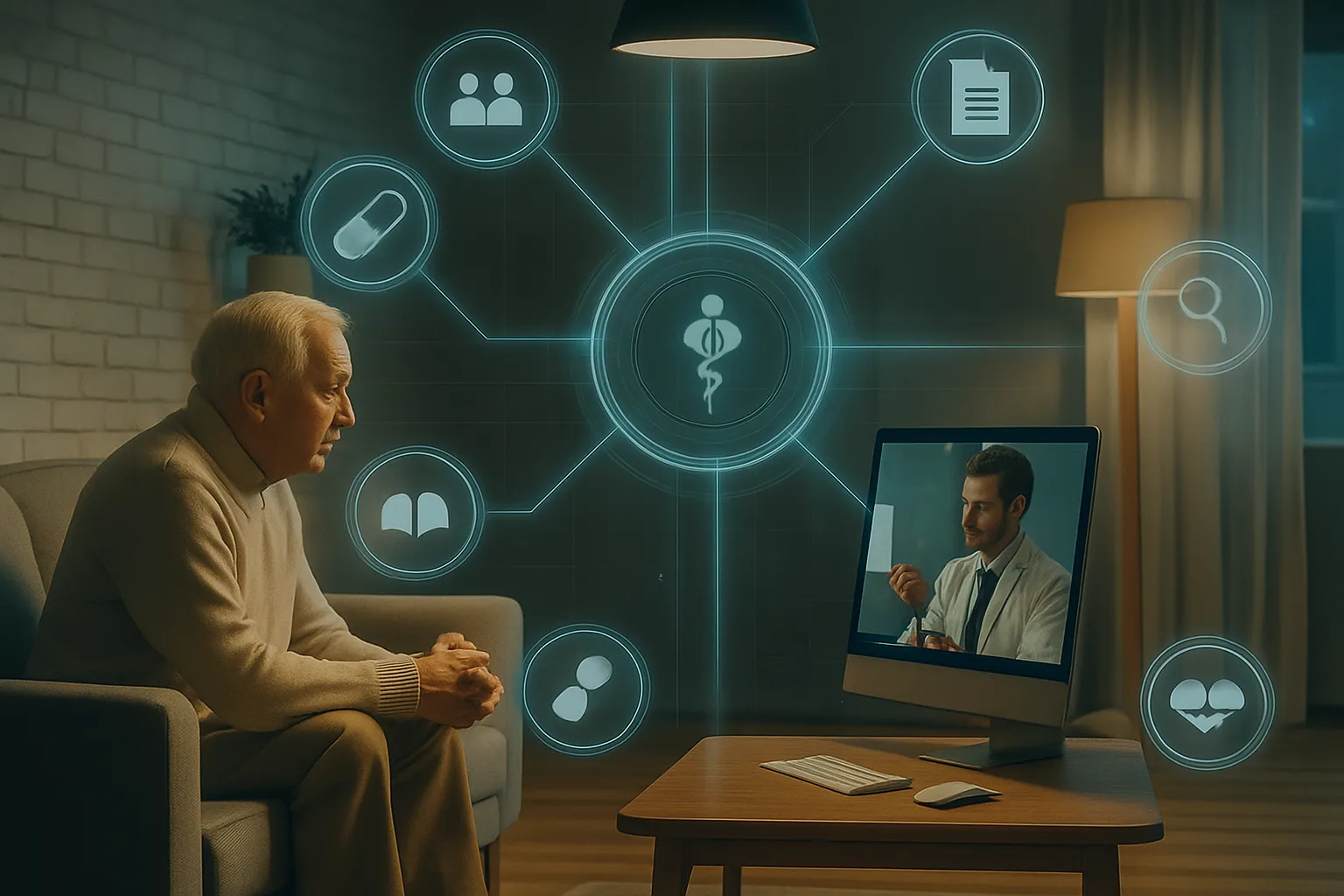 Elderly man in telemedicine video consultation with doctor, surrounded by digital health icons at home.