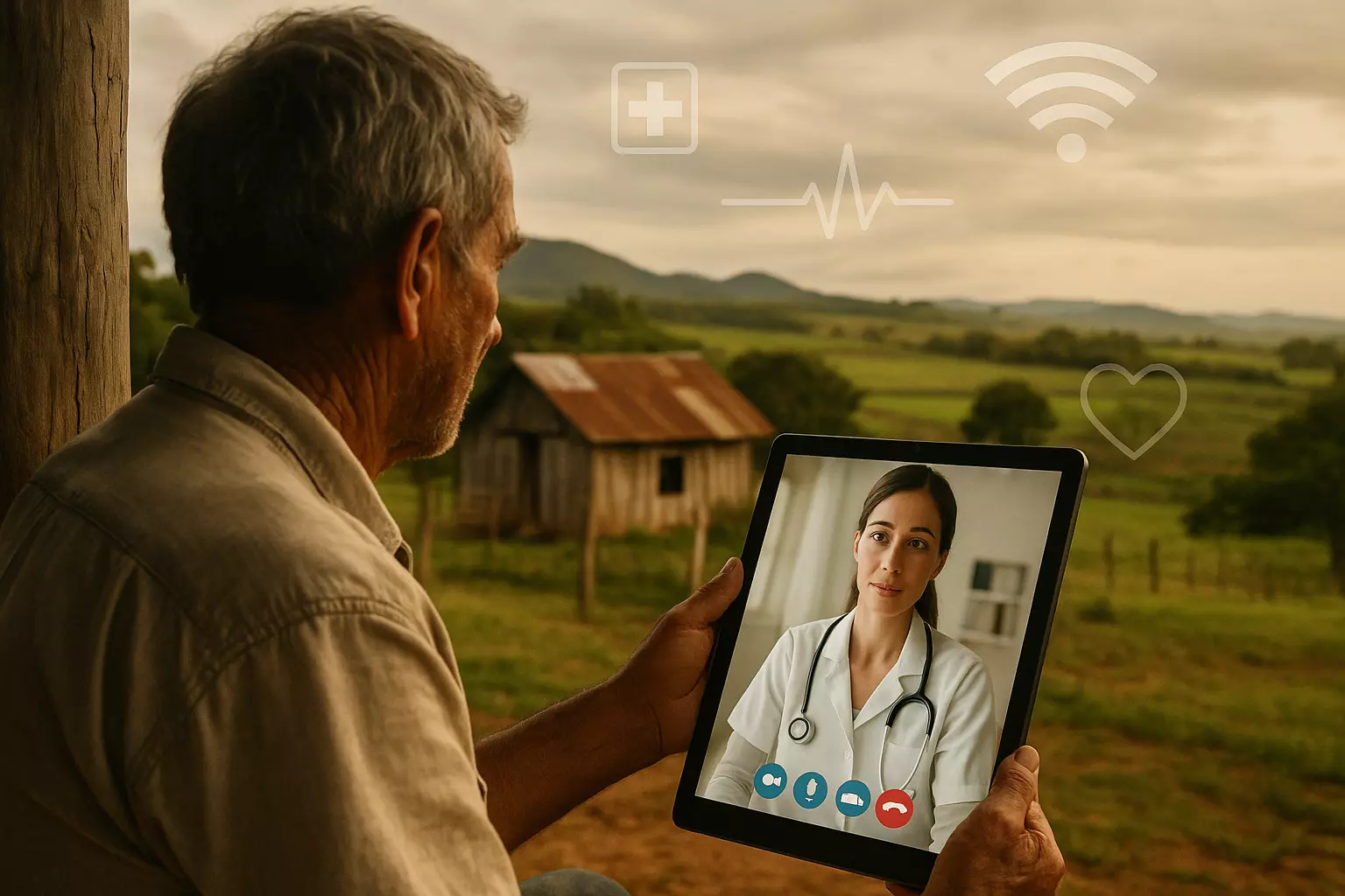 Elderly man in rural setting using tablet for telemedicine consultation with female doctor on screen.